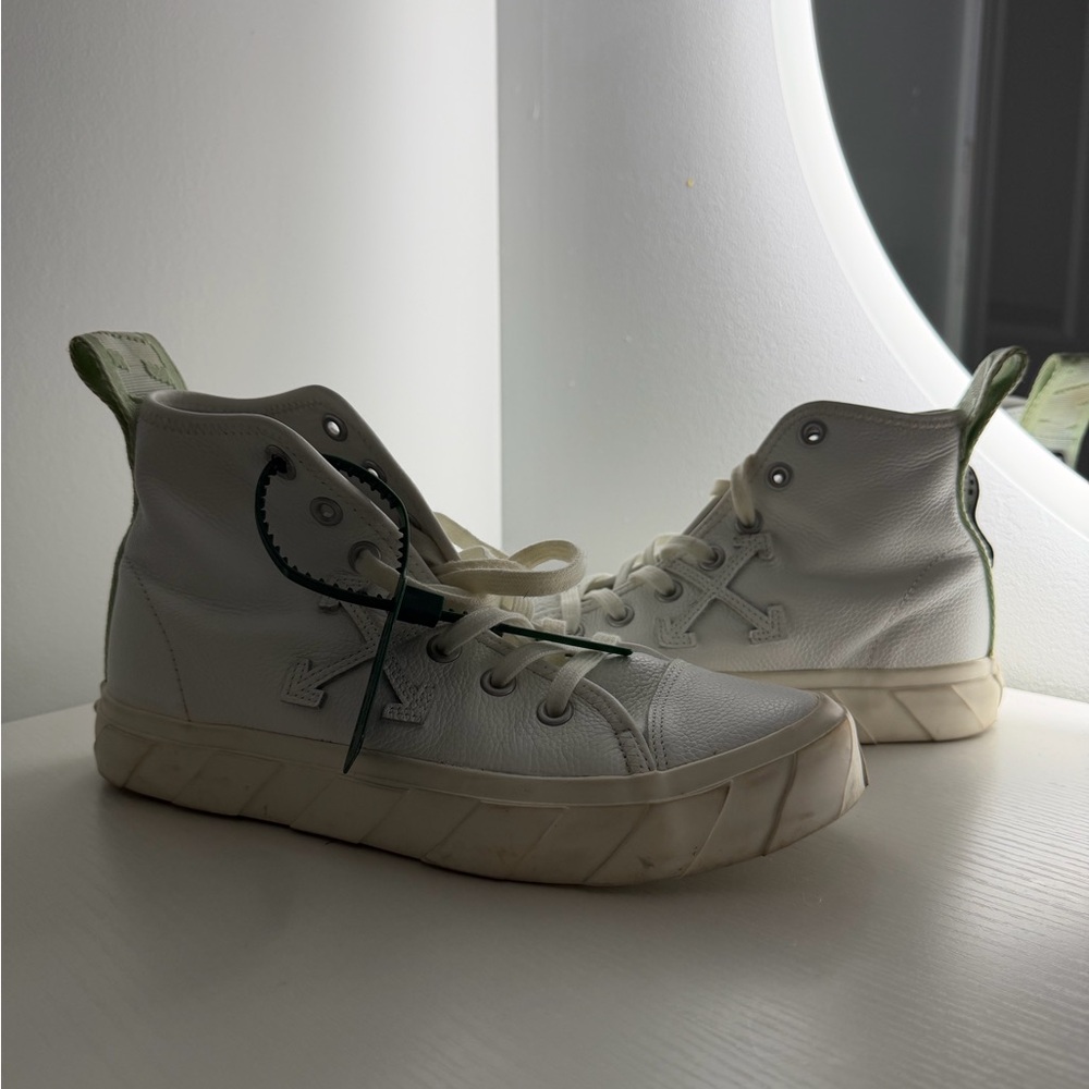 Off-White High-Top Sneakers in White and Green